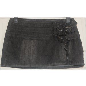Express denim micromini skirt with side buckles.